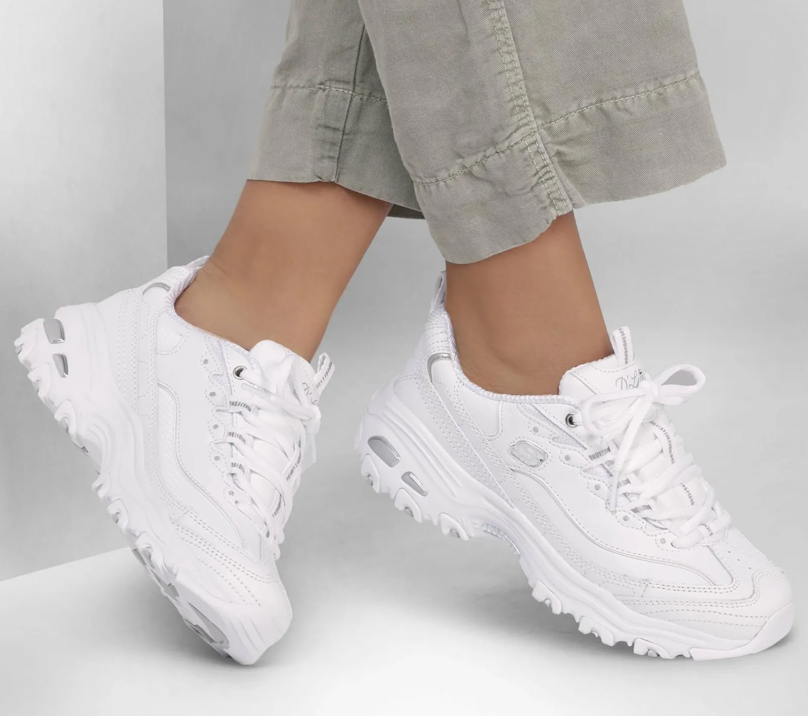 Com Atacadores|Sapatilhas-SKECHERS D'Lites - Fresh Start BRANCO / PRATEADO